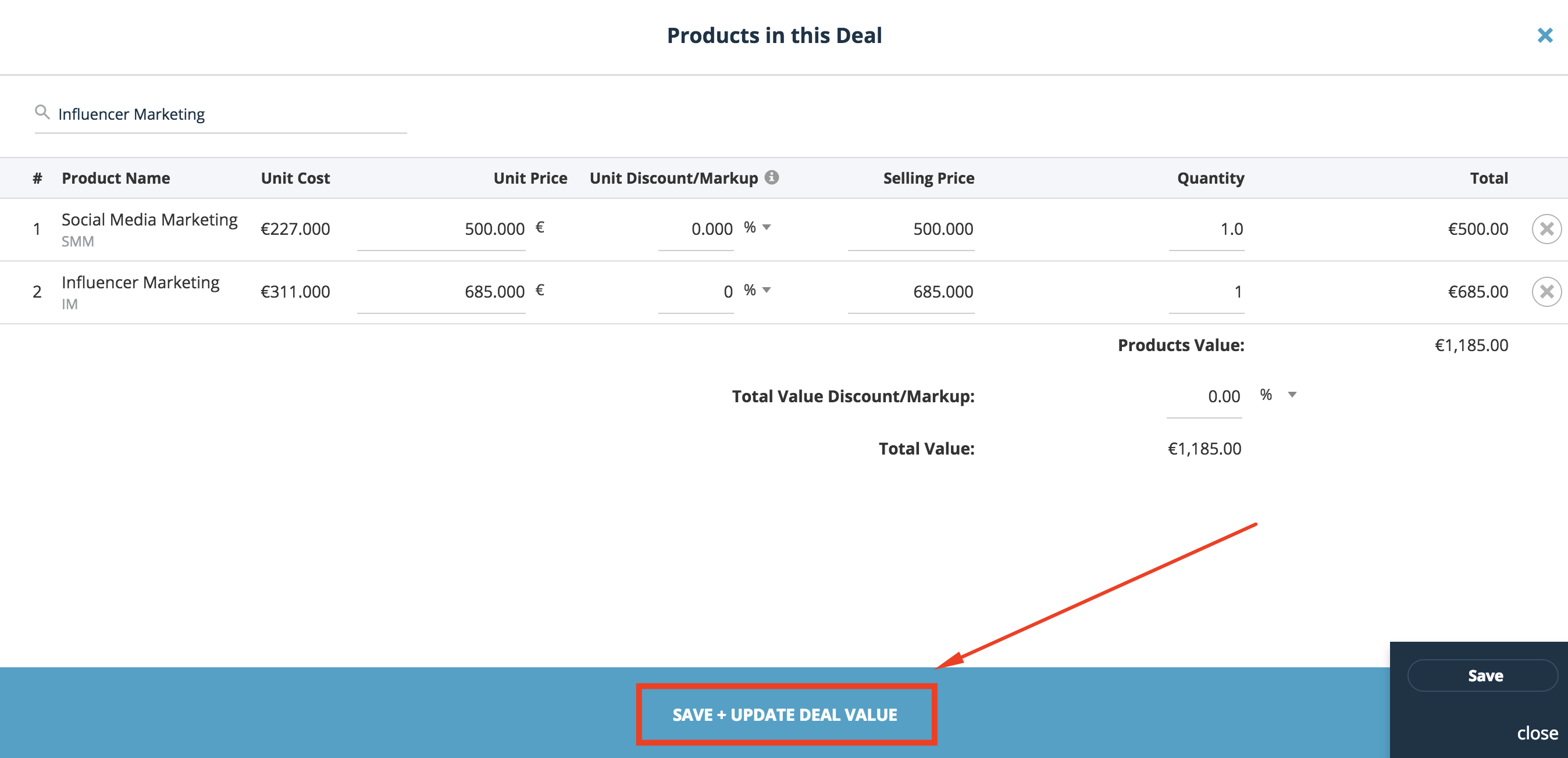 products-in-this-deal-save-and-update-deal-value-Teamgate-CRM.png
